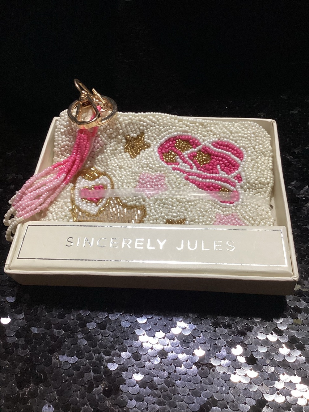 Sincerely Jules Off White Beaded Pouch with Pink & Gold Accents